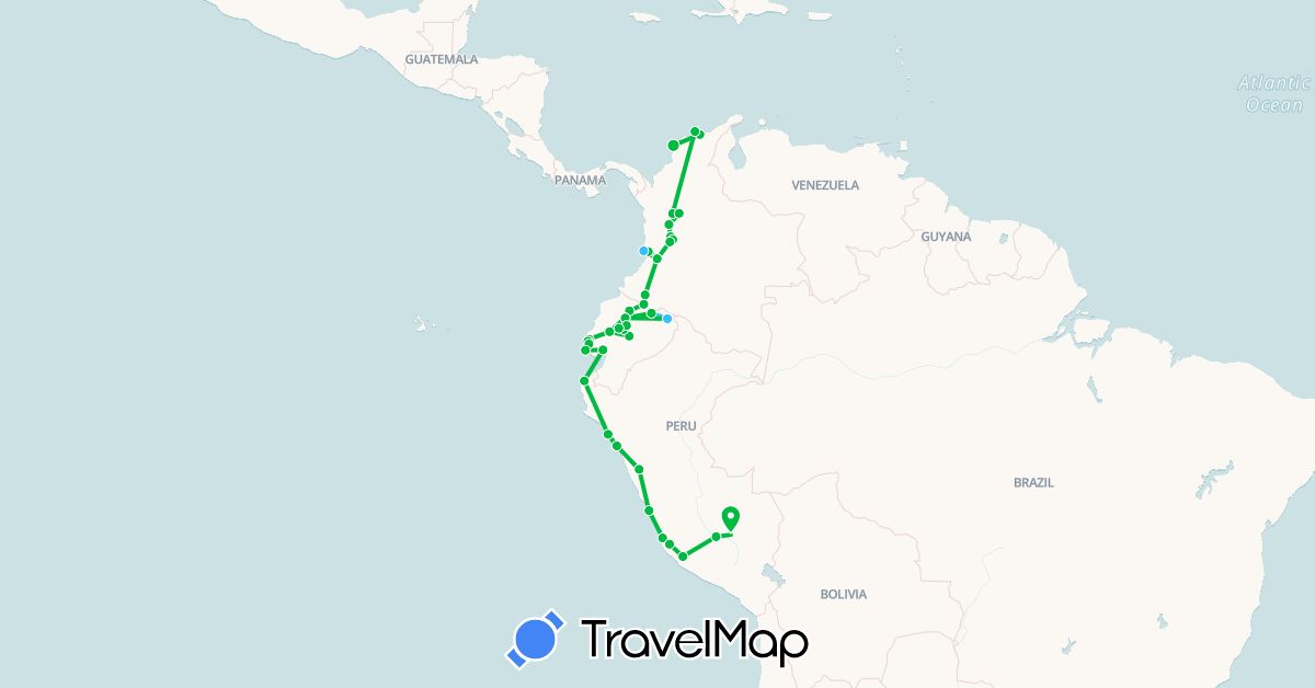 TravelMap itinerary: driving, bus, boat in Colombia, Ecuador, Peru (South America)